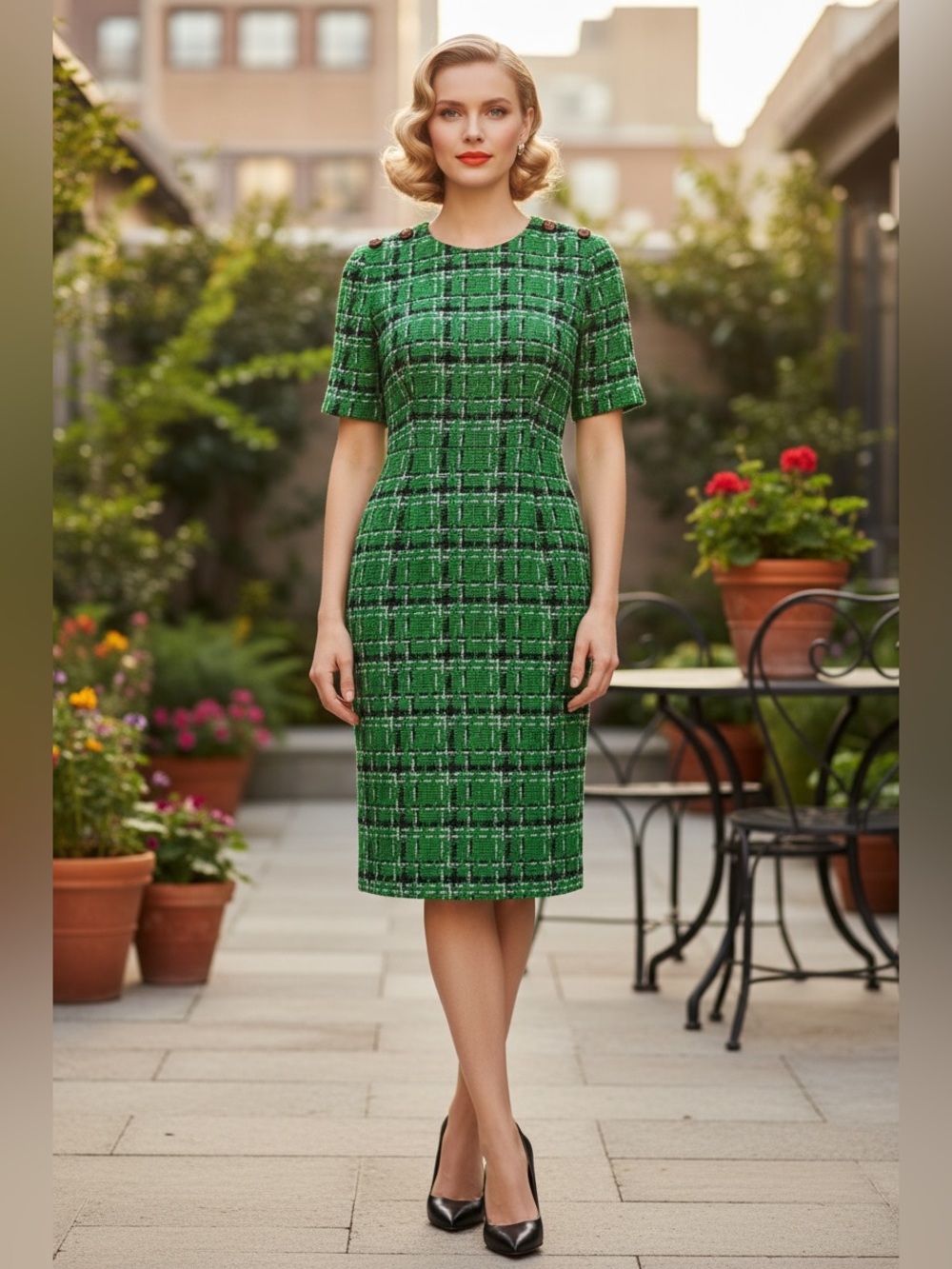 Gucci Green Plaid Tweed Short-Sleeve Midi Dress
